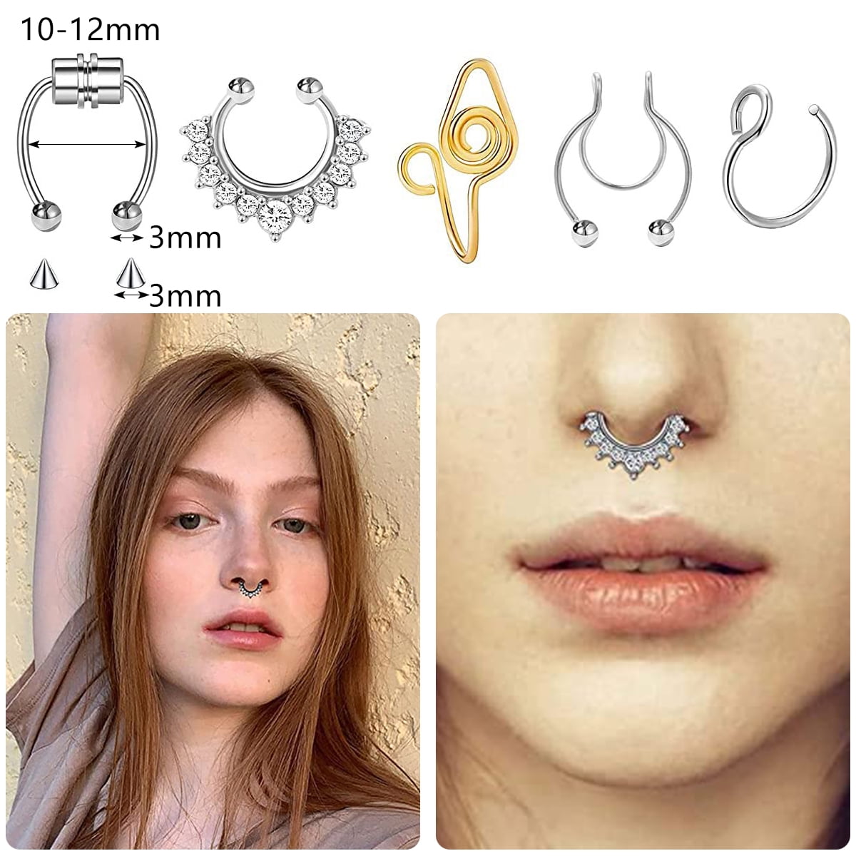 2pcs) (Black and Rose Gold) Luxury Alloy Rhinestone Fake Nose Ring Piercing  Jewelry Zircon Clear Crystal